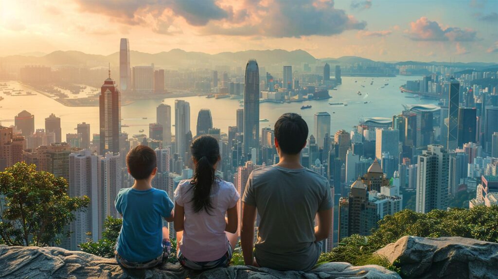 Photo of a family enjoying the views from Victoria Peak in Hong Kong skyline panorama